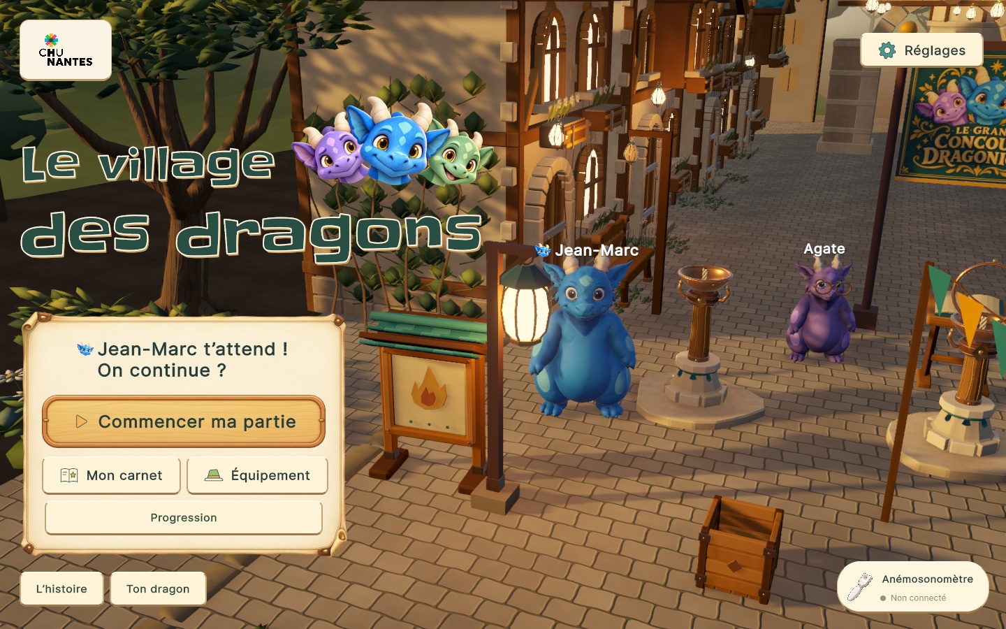 Écran d’accueil du jeu, avec le dragon et le village en 3D