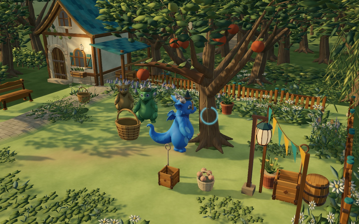 Dans le jeu en 3D, un dragon bleu explore le verger du village