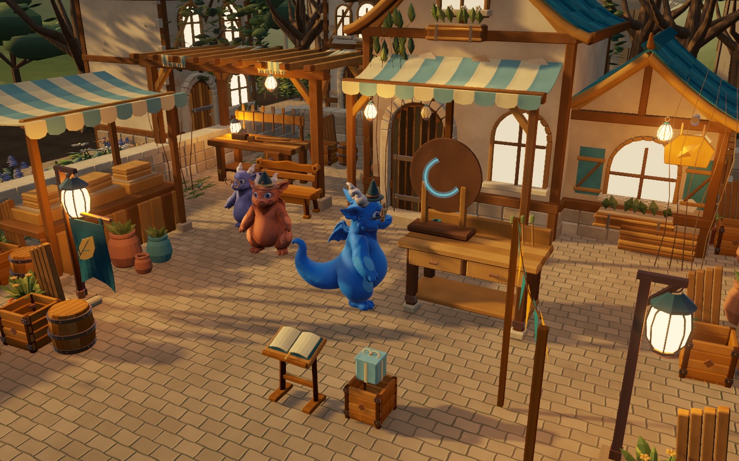 Le dragon bleu et les habitants devant l’atelier des enseignes